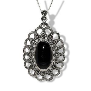 Vintage Oval Onyx Sterling Silver 925 Marcisite Elizabethian Style Pendant 18"